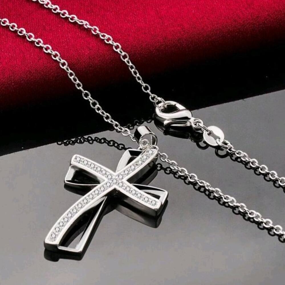 925 Sterling Silver Necklace w/ CZ Womans Layered Cross Pendant Vtg 90s Y2K Gift